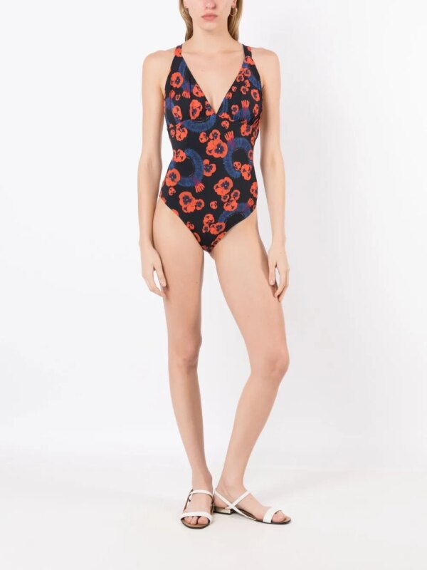 Isolda Badpak met bloemenprint - Zwart