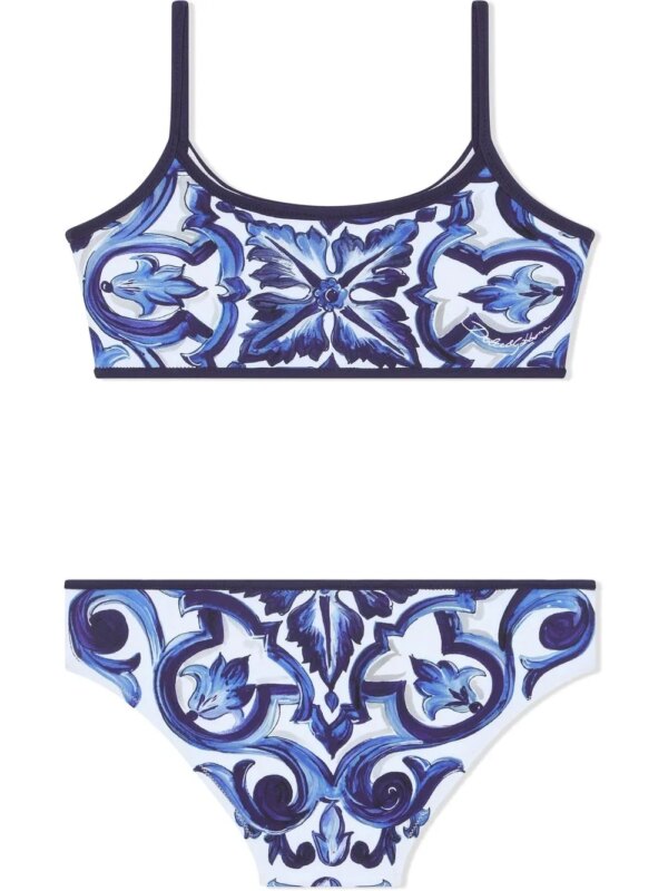 Dolce & Gabbana Kids Bikini met bloemenprint en diepe ronde hals - Blauw