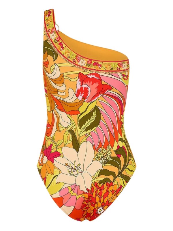 Camilla Asymmetrische badpak met bloemenprint - Geel