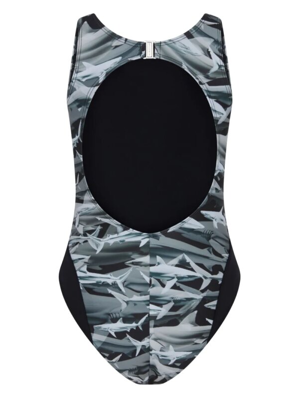 Let's Swim Badpak met open rug en print - Grijs