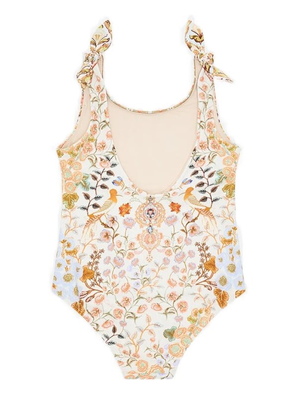 Camilla Kids Badpak met bloemenprint en gestrikte schouder - Beige