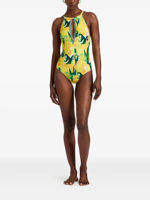 La DoubleJ Badpak met bloemenprint en halternek - Geel