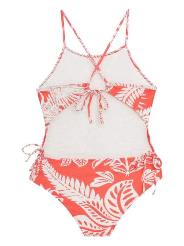 Lygia & Nanny Sally badpak met gekruiste bandjes en bladerprint - Oranje