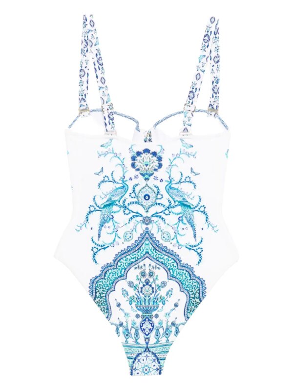 Camilla Badpak met vogelprint en veters - Blauw